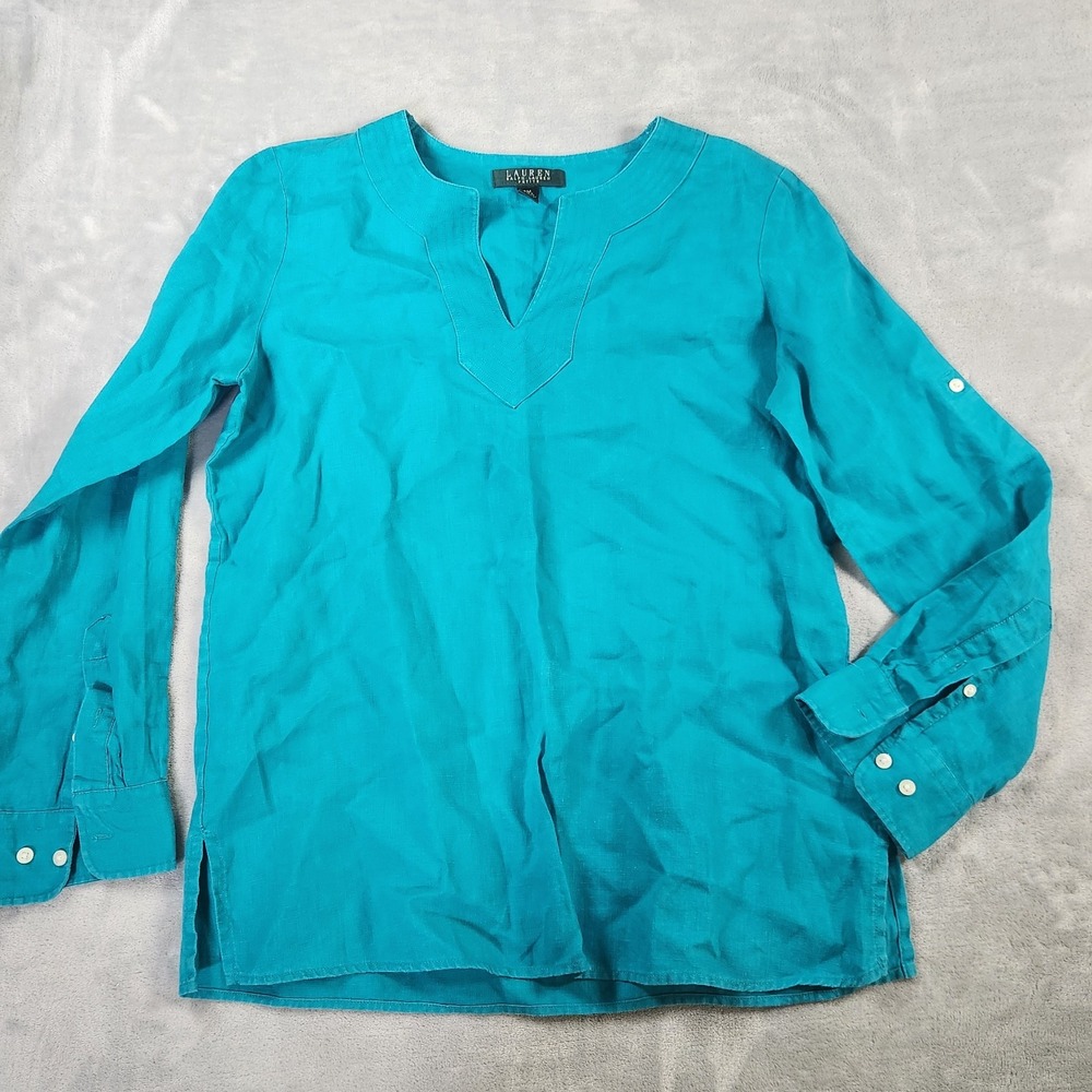 Lauren Ralph Lauren 100% Linen Sz MP Roll Sleeve‎ Tunic Shirt Blouse Blue EUC